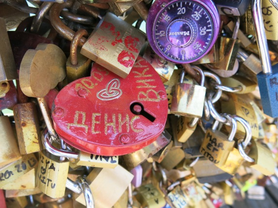 A colourful heart-shaped padlock (and a purple combination lock)